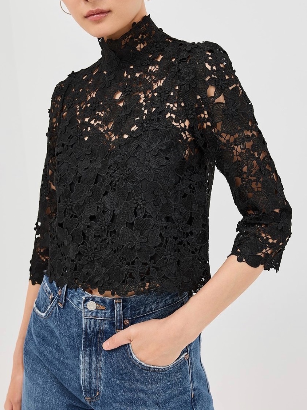 ba&sh Paulo Lace 3/4 Sleeve Mock Neck Blouse in Black Size S